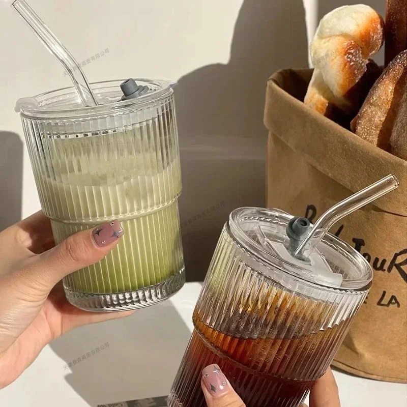 450ml 1/2Pcs Stripe Glass Cup Transparent Glasses with Lid and Straw Ice Coffee Mug Tea Cup Juice Glass Milk Water Cup Drinkware image 4