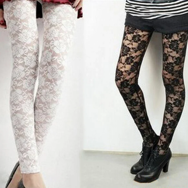 Liva Girl Sexy Fresh Cool Summer Women Rose Lace Sexy Leggings Hollow Slim Elastic Pants Black White Casual Leggings Female