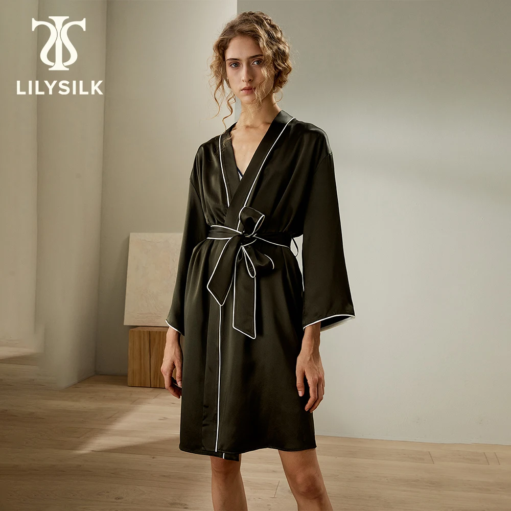 

LILYSILK Silk Robe for Women New in 22 Momme Contrast Piping Long Sleeves Night Sleepwear with Belt Woman Pajama Free Shipping