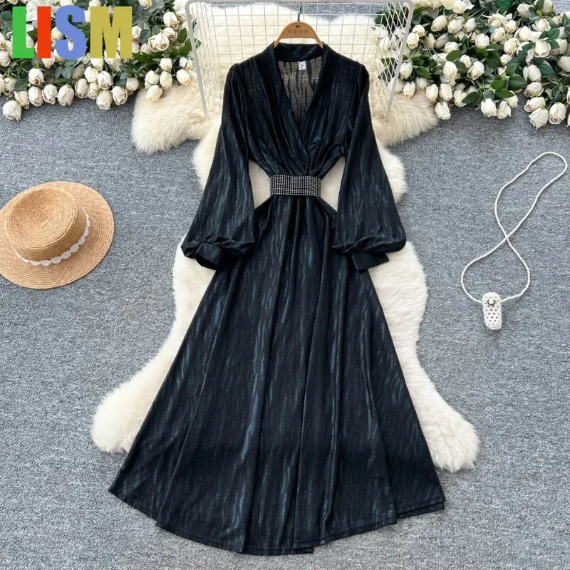 

LISM Winter dresses woman Chic vintage V-Neck rhinestone Elegant Fairy korean fashion Boho Sundress women clothing Long dress