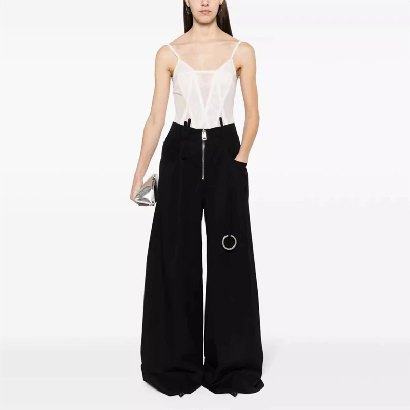 

High-quality fashionable high-waisted metal ring large pocket wide-leg casual pants 2024 spring new Korean styleloose suit pants