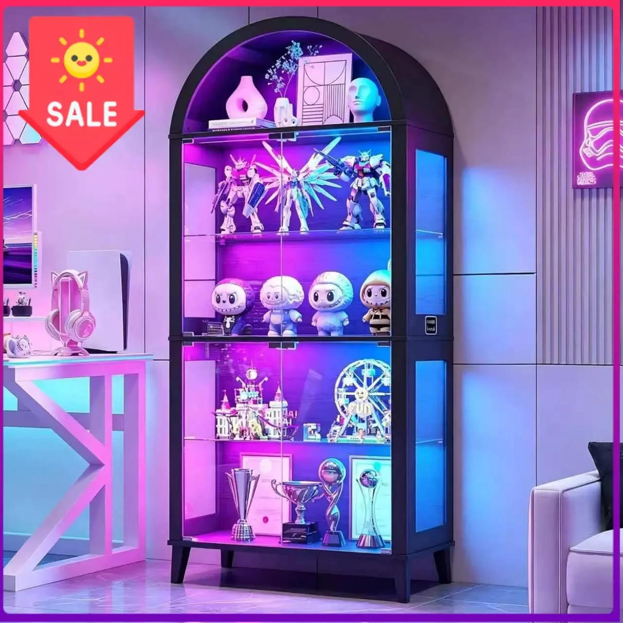 5-Tier Arched Glass Display Cabinet with RGB Lights for Living Room | LED Curio Cabinet with Glass Door & Motion Sensor,Display