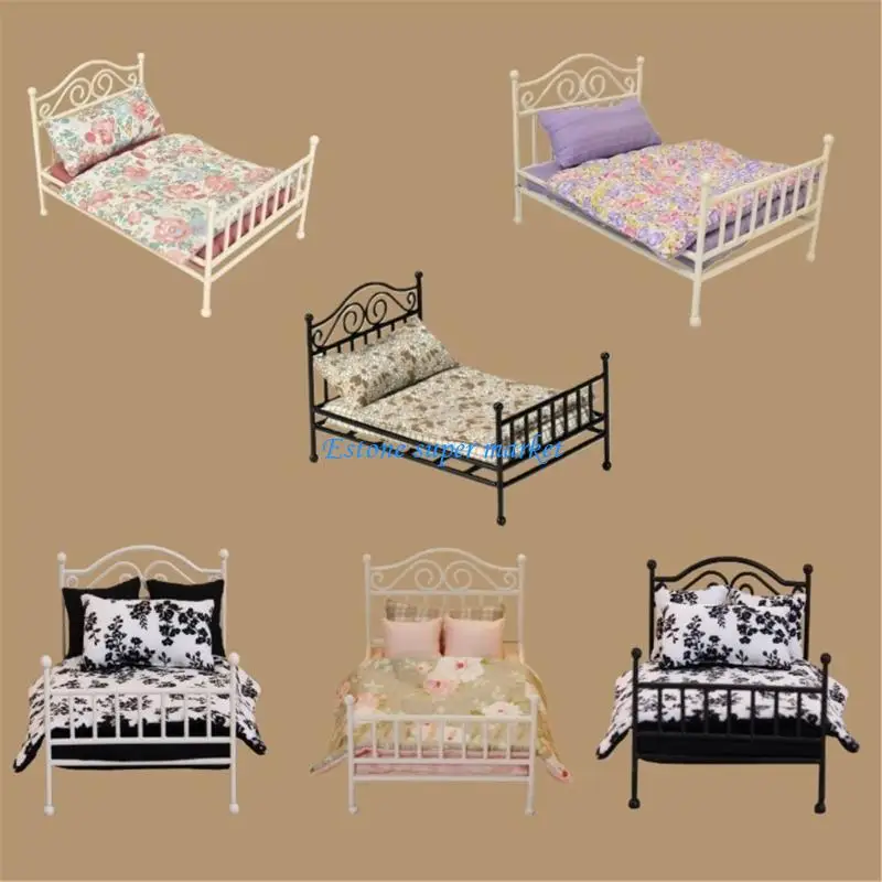 Picture 3: 090B Elegant Metal Bed Model House Bedroom Double Bed 1:12 Scale Mini Furniture Collection