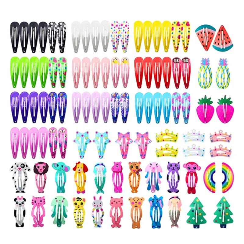 No Slip Metal Snap presilhas para crianças, Grampos de cabelo para meninas, Cute Candy Color, Desenhos animados Design Pins, 100 pcs