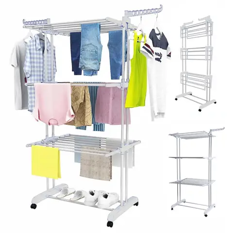 4-Tier Clothes Drying Rack Foldable Wings Dryer Clothes Space Saving Hanger Adjustable Large Garment Laundry Racks 2 Wing Hooks