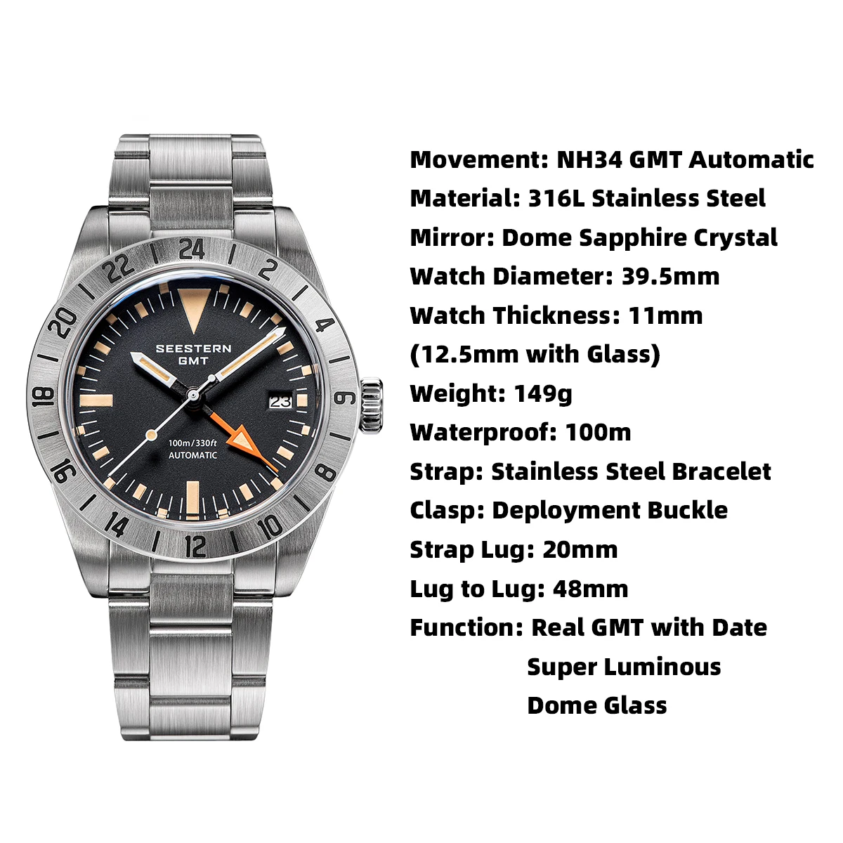 SEESTERN-GMT Retro Watch for Men Automatic Movement Mechanical Wristwatches Dome Sapphire Glass Flying Adjust Buckle NH34 S436