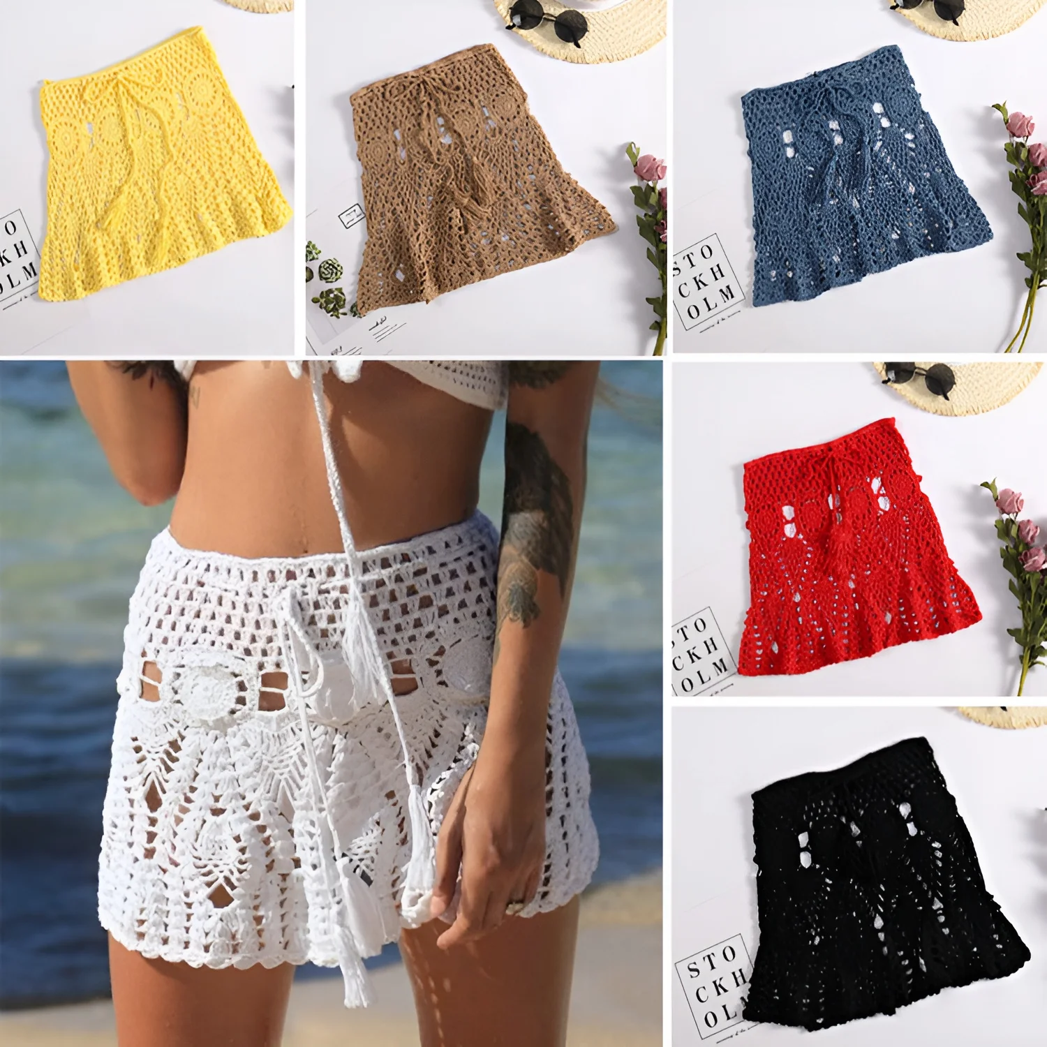 Free Shipping 2023 Summer Women's Sexy Solid Color Beach Dress Hand Crocheting Swimwear Cover Ups Sheath Strap Hollow Out Skirt