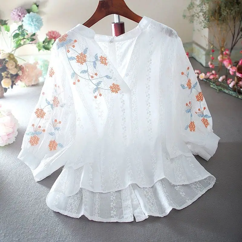 

Blouse Small fresh embroidery flower lace cotton central sleeves garden design before long high waist shirt women's clothing