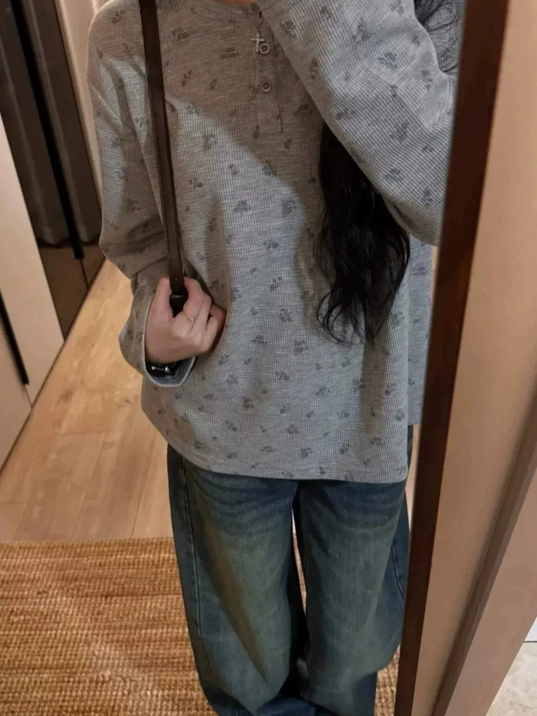 Loose Long Sleeve Henry Collar T-Shirt Women's Autumn New Style Floral Print Base Layer Top Korean Style Slimming Effect