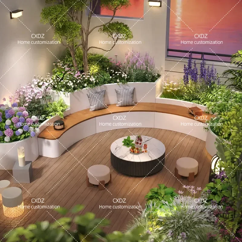 Stainless Steel Garden Flower Box with Stool Outdoor Terrace Curved Planter Bed Landscaping Customizable Finished Product