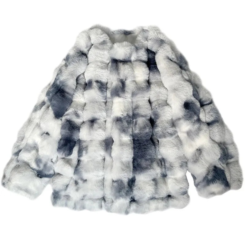 Nowy płaszcz damski z mieszanki futra i pluszu, luźny, z nadrukiem, puszysty, gruby, w stylu tie-dye.