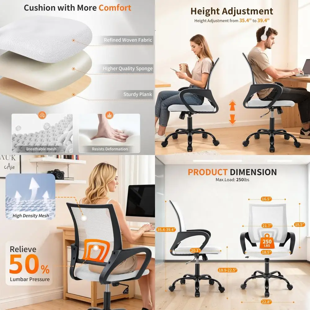 

Ergonomic Mesh Office Chair with Lumbar Support, Adjustable Swivel Stool for Back Pain Relief, Modern Executive Desk Chair, Whit