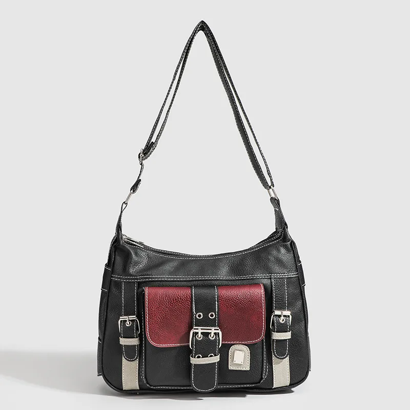 

Y2K Hot Girl Single Shoulder Crossbody Bag Vintage Washed Leather Motorcycle Bag Large Capacity Multi Pocket Bag