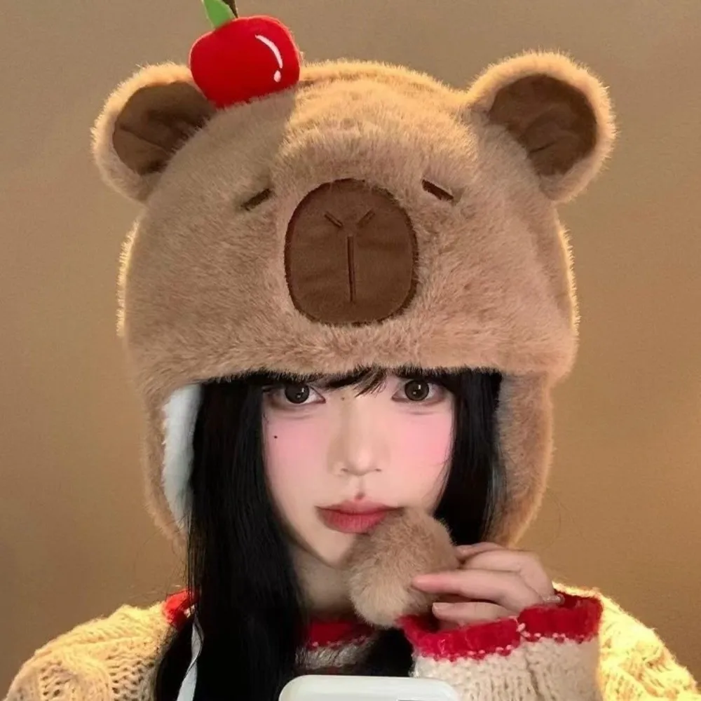 

New Windproof Bonnet Cap Warm Coldproof Ear Protection Cap Plush Capybara Cartoon Warm Hat Girls