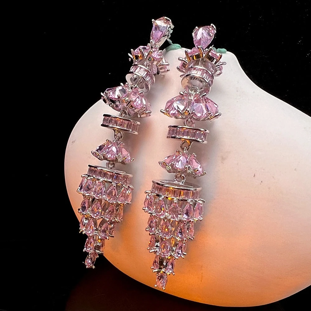 Statement Drop Earrings with Pink Teardrop Beads Elegant Long Drop Design with Layered Beads for Glamorous Party Romantic Night
