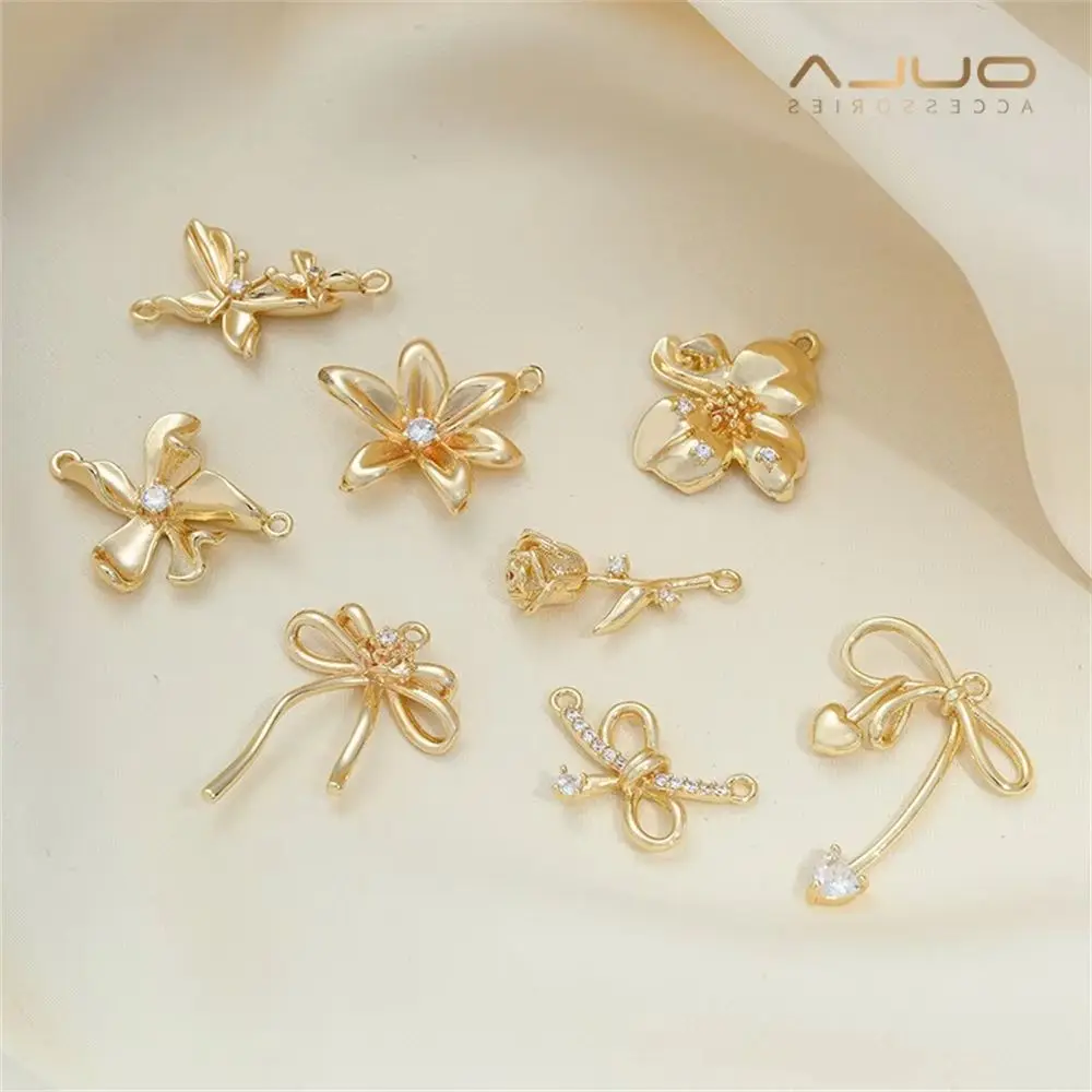 

14K Gold-plated Color-preserving Rose Bow Pendant, Single or Double Flower Pendant, Diy Handcrafted Material Jewelry Accessory
