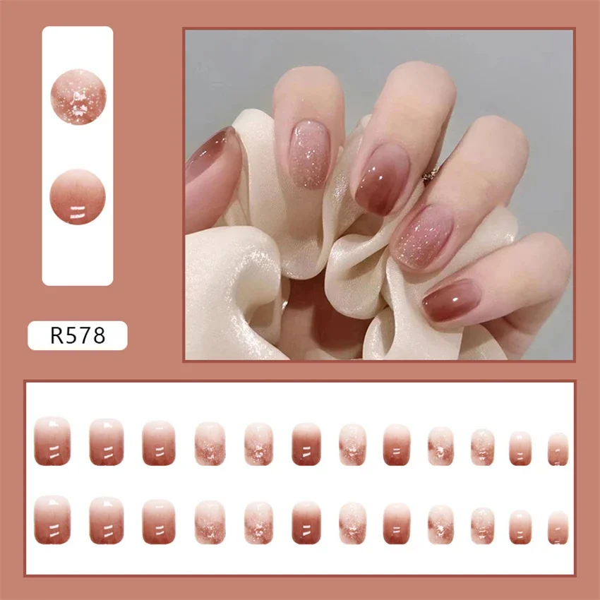 Unhas postiças curtas francesas, Unhas postiças removíveis, Prensa adesiva na arte do prego, Rosa colorido, Gelo, Transparente, Vestindo, 24pcs, Conjunto