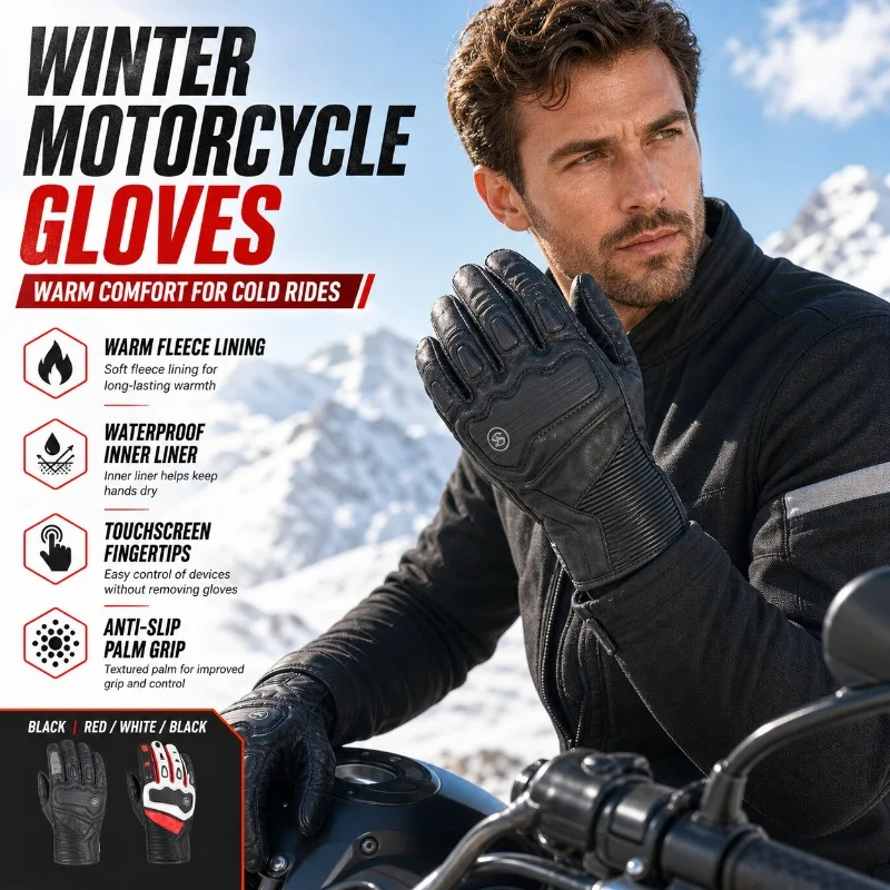 

Winter Motorcycle Gloves Men Women Goatskin Leather Waterproof Liner Touchscreen Anti-Slip Protective Full Finger Riding Gloves