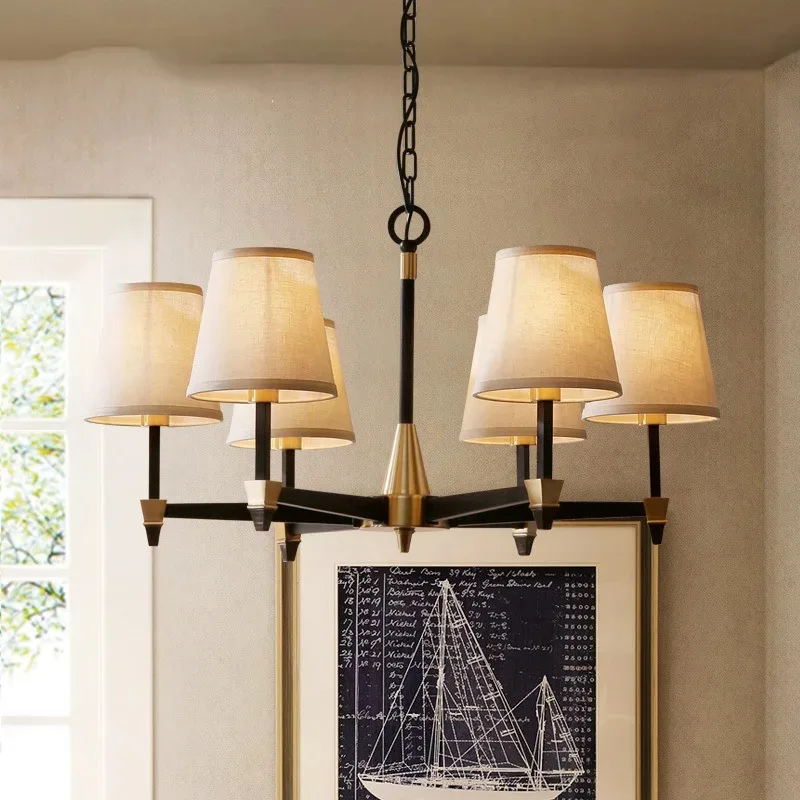American Retro Black Wrought Iron Chandeliers Linen Fabric Hanging Lamps Bedroom Living Room Restaurant Hotel LED Pendant Lights