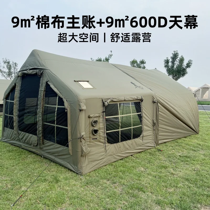 Inflatable tent 9 square meters TC cotton plus floor beam with canopy stable and more wind resistant outdoor camping home travel