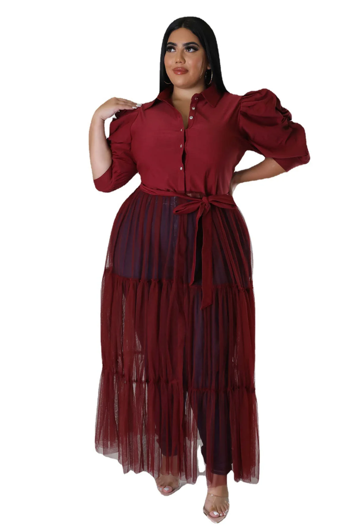 Hot Sale Plus Size Mesh Women Casual Dress Pleats Half Sleeves Patchwork Belt Sexy Party Club Shirt Dresses Oversize 5XL