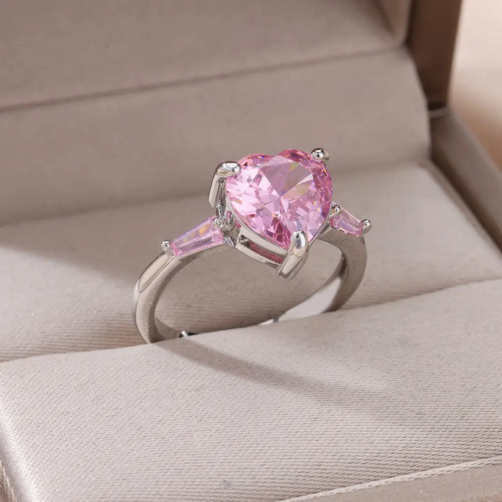 Pink Zircon Heart Rings For Women Gold Plated Stainless Steel Adjustable Heart Ring 2024 Trend Wedding Aesthetic Jewelry Gift