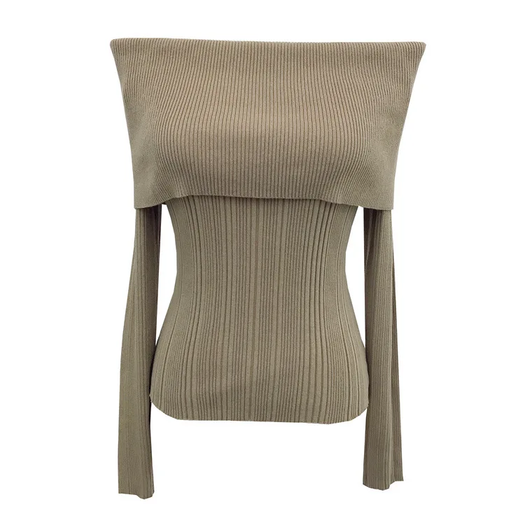 7360 Jesień Zima Liying Styl Celebrytki Odkryte Ramiona Prążkowany Dopasowany Elastyczny Krótki Top z Dzianiny