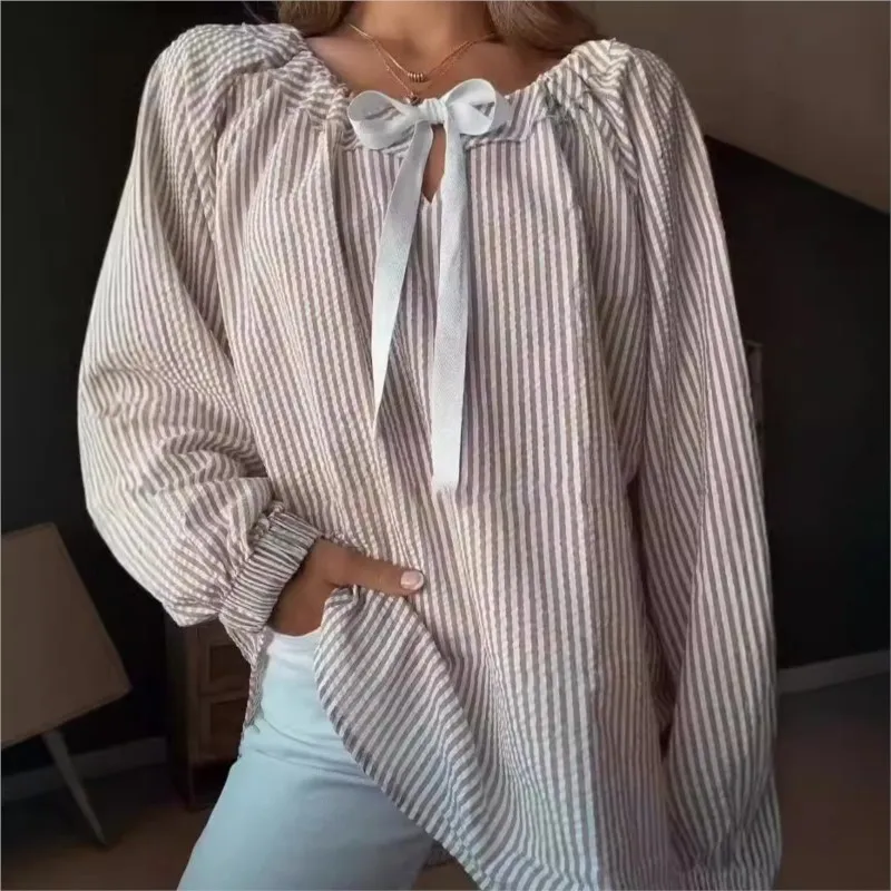 2025 outono e inverno novo estilo camisa feminina elegante e casual viajando chiffon camisa listrado rendas de manga comprida topo