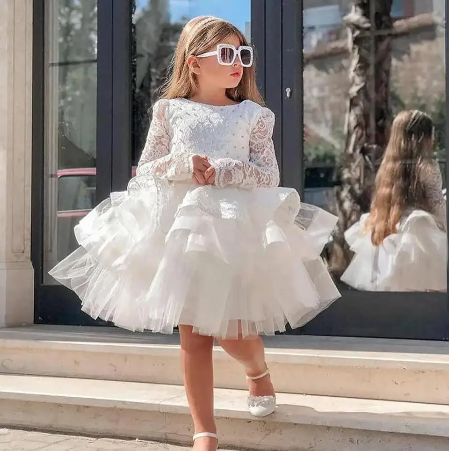 

White Long Sleeve Girls Dresses Beading Lace O Neck Kids Clothes Little Princess Party Pageant Gown