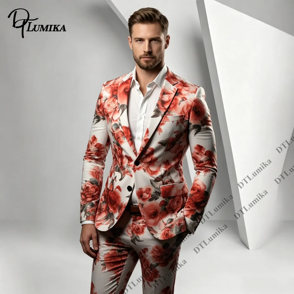 

Romantic Floral Themed Party Suit Two Piece (Jacket Pants) Photoshoot Stage Performance Prom Party Suit Attire Bold Fashion Suit