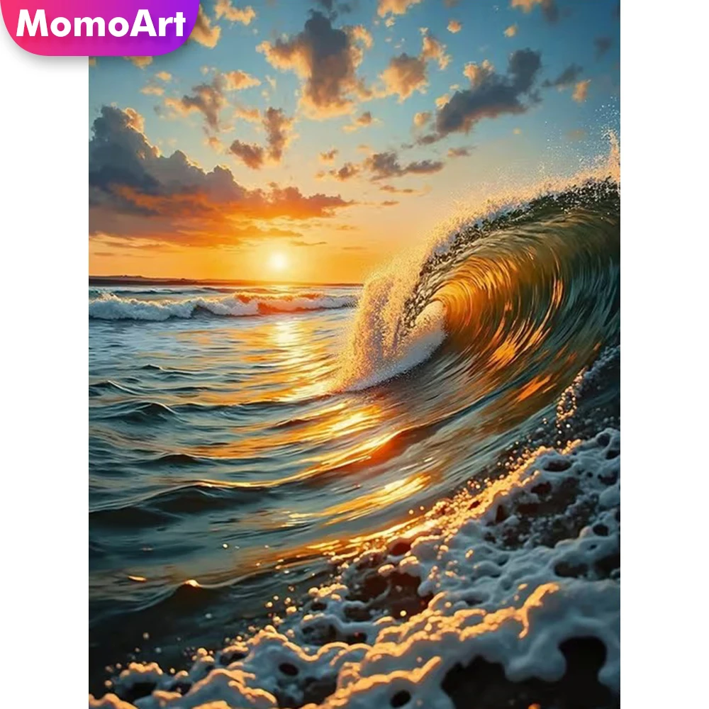 Momoart DIY Diamant-Stickerei Sonnenuntergang Landschaftsgemälde Bild Strass Diamant-Mosaik Küstenlandschaft Kreuzstich-Dekoration für Zuhause