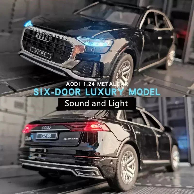 AUDI Q8 SUV modelo de coche de aleación, vehículo de juguete de Metal fundido a presión, luz de sonido de alta simulación, colección de vehículos, juguete para niños, 1:24