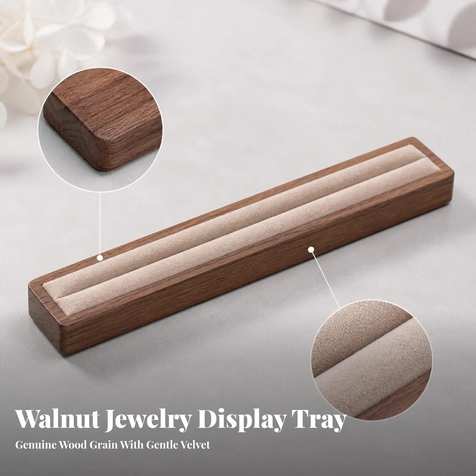 Single Slot Jewelry Display Tray for Retail Counter Walnut Case with Soft Beige Lining Organizer