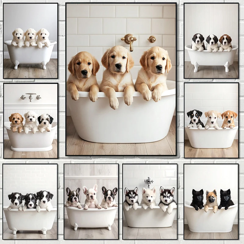 Funny Animal Dog Saint Bernard Puppy/Shetland Sheepdog Puppies Fashion Poster Canvas Paintings Wall Pictures Bathroom Home De