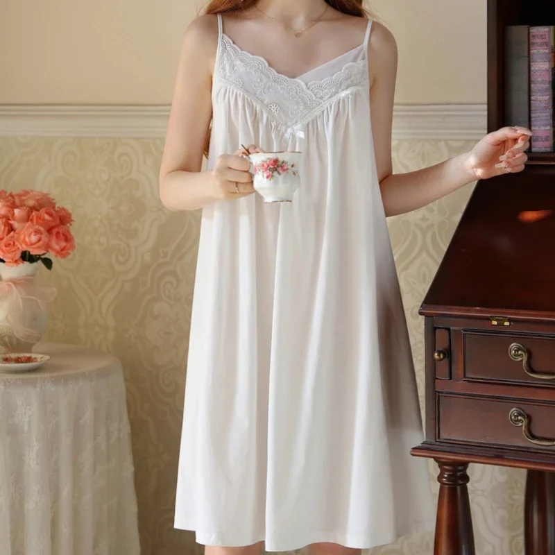 Vintage Solid Sleepwear Adjustable Lace Sleeveless Nightgown For Women Backless V Neck Casual Nightdress