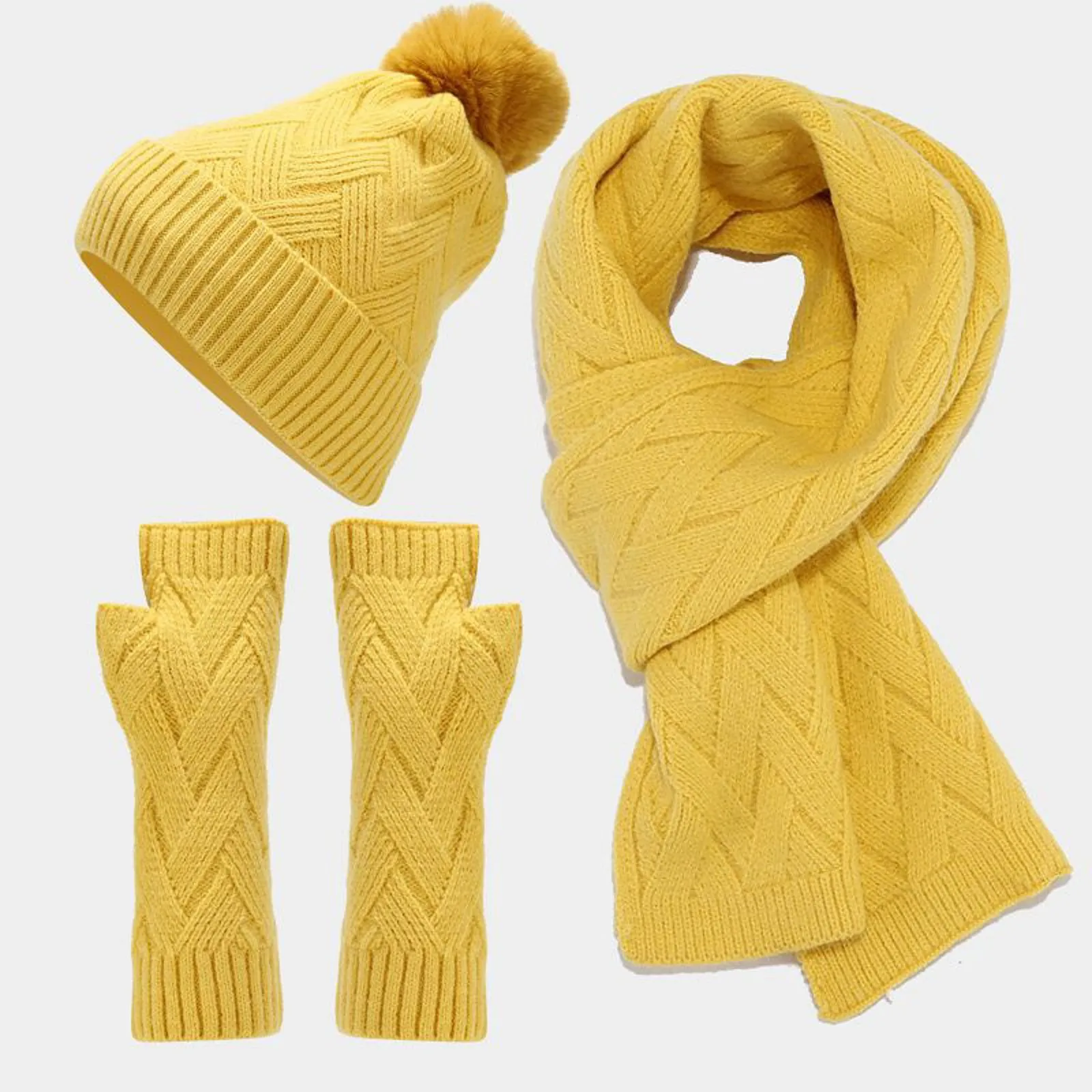 

Women&Men Autumn Winter Warm Wool Hat Scarf Gloves Slouchy Three Pieces Winter Snow Knit Cap Scarf Gloves Hat Set for Teen Girls