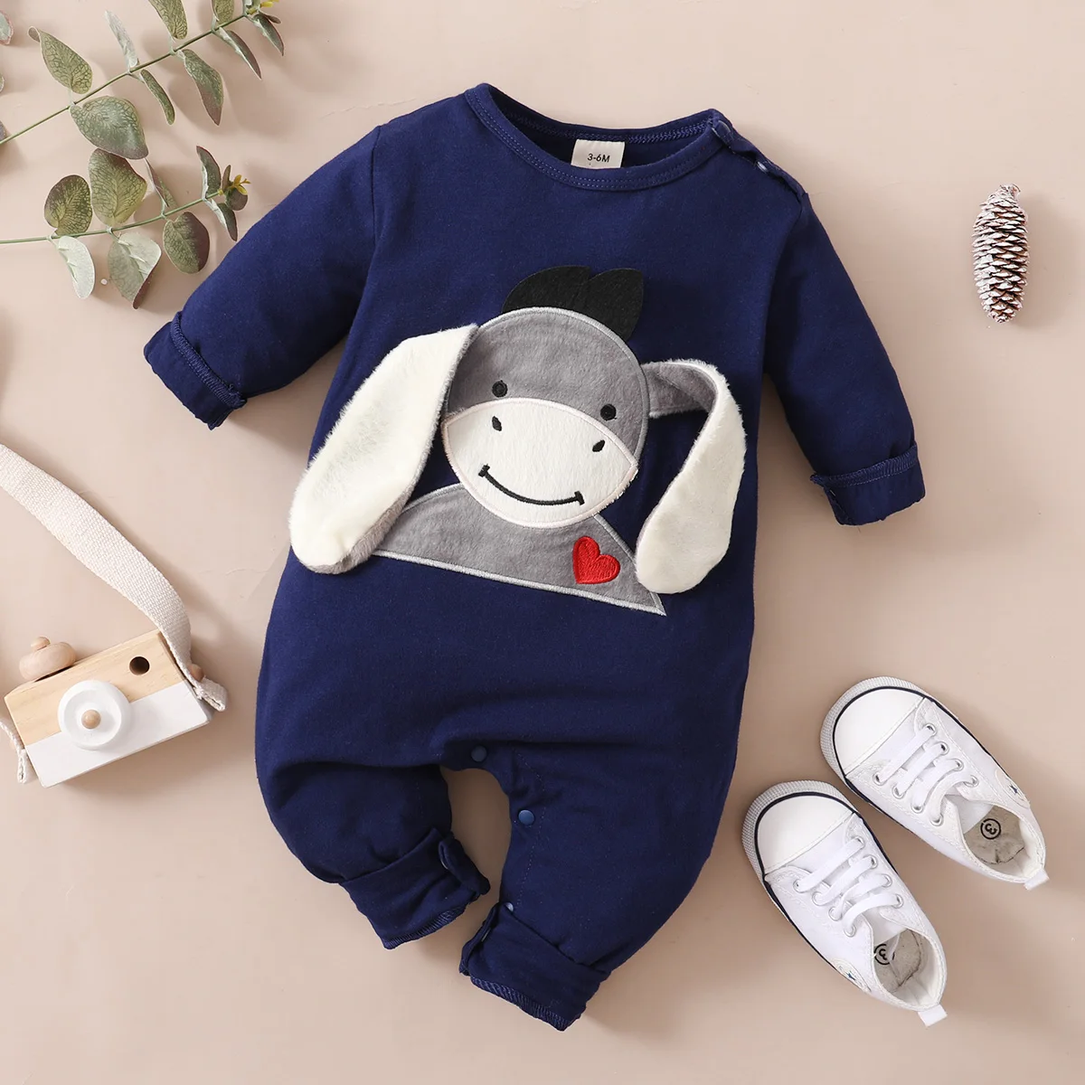 PatPat New Spring and Autumn Baby Boys / Girls Jumpsuits Donkey Embroidery 3D Ear Design Long-sleeve Jumpsuit for Baby Clothes