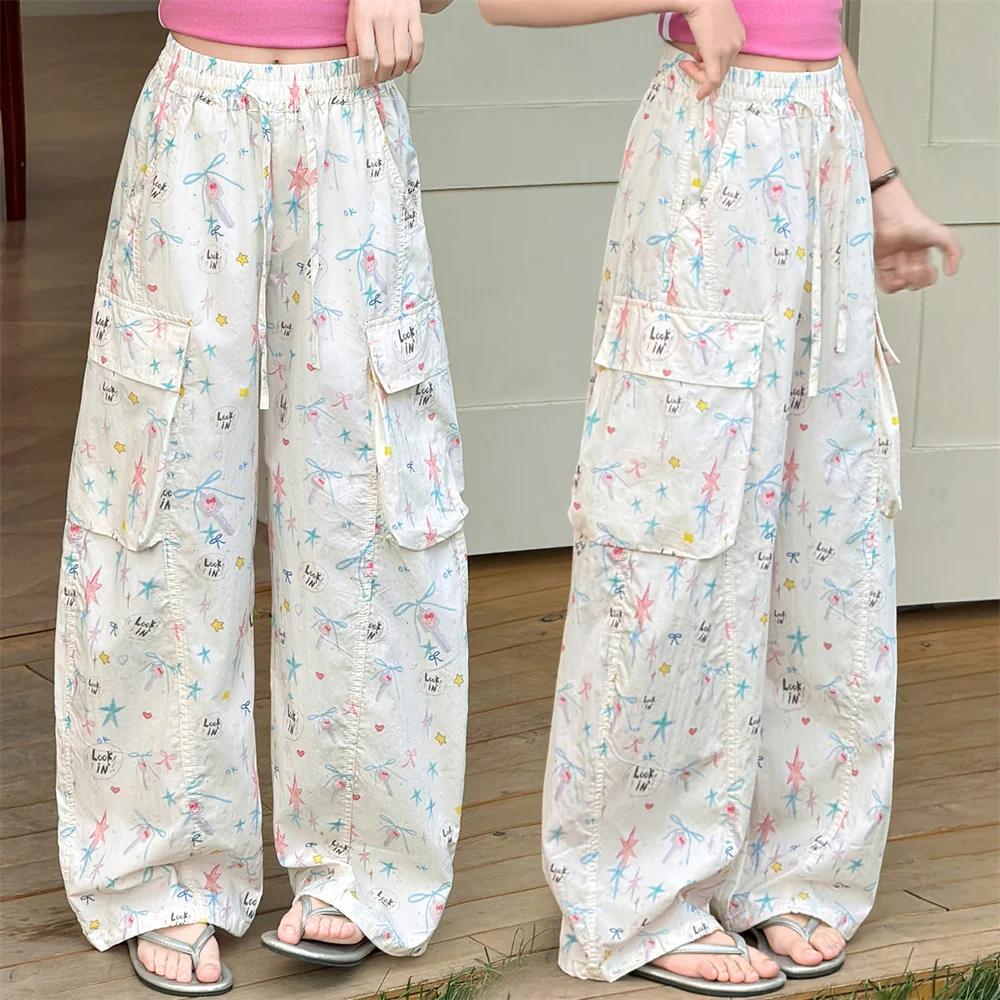 

New Summer Kids Cargo Anti-Mosquito Pants For Tweens Girls Straight Leg Light Weight Trousers With Drawings Kids Sweatpants