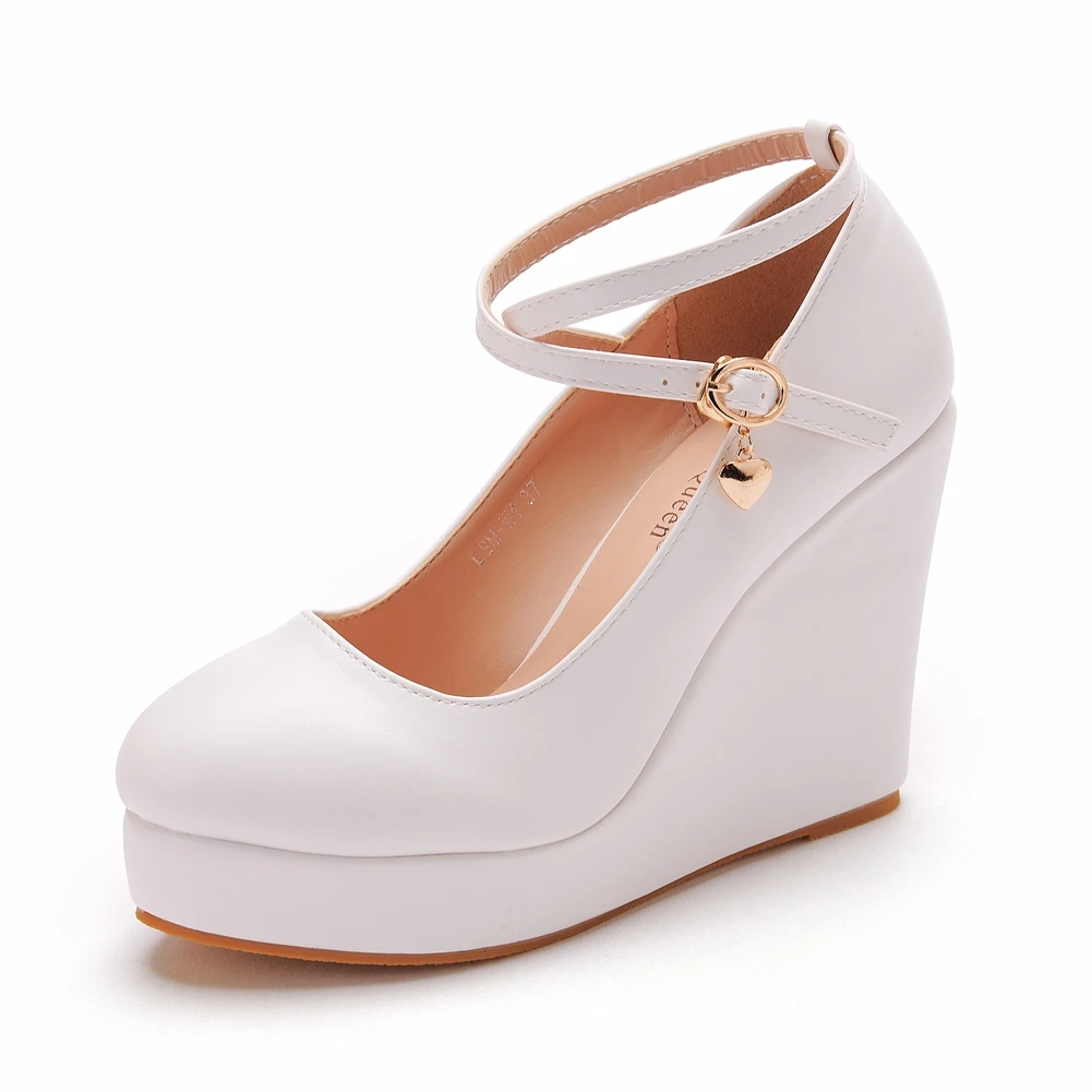 Crystal Queen White Platform Wedges Pumps Women High Heels Shoes Round Toe Cross Ankle-Strap Large Sizes