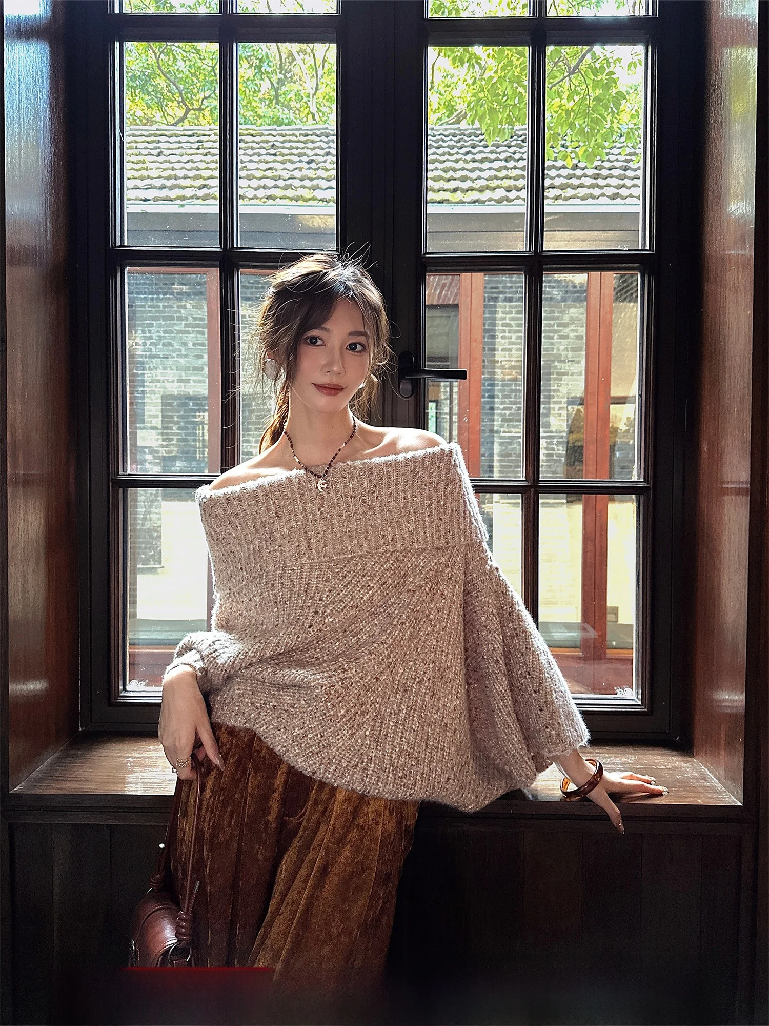 

Sanji Bla Flower Women's Lazy Sle One-oulder Twist Rope Sweater Autumn Season Commute Faion Wool Blend Long Sve