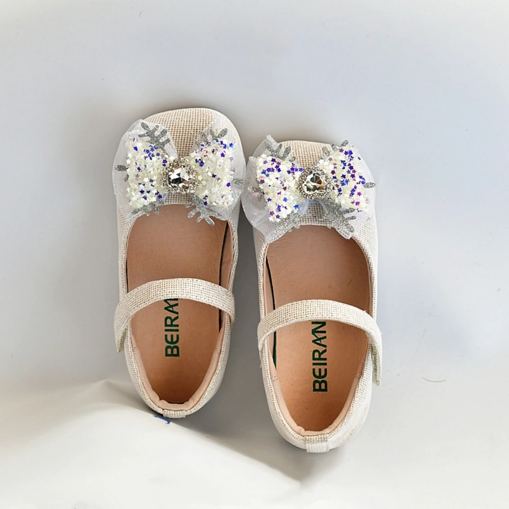 Spring Autumn Shiny Crystal Superfiber Sweet Mesh Bow Baby Girls Casual Shoes Mary Jane Breathable Pig Leather Children's Shoes