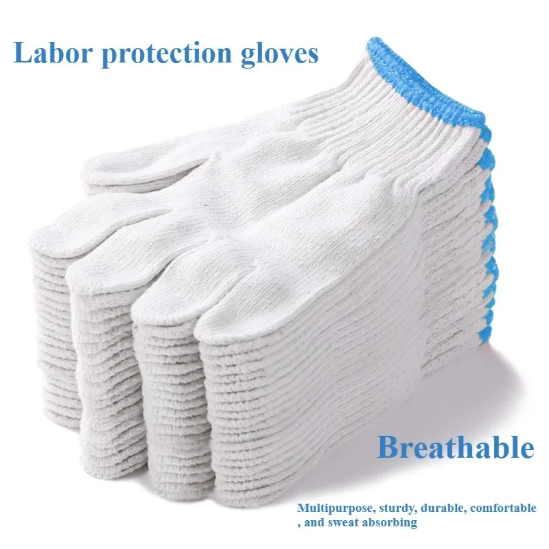 6/12 زوجًا من قفازات العمل القطنية المقاومة للانزلاق والمقاومة للاهتراء في موقع البناء، قفازات حماية العمل البيضاء المشفرة #6