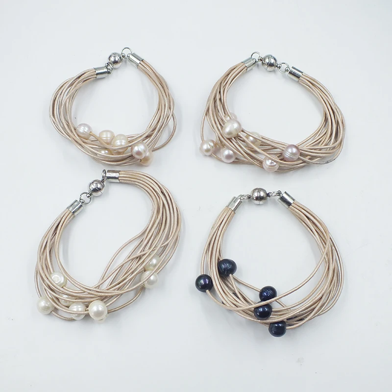 

10 шт./лот пресноводный жемчуг + белый кожаный браслет с кораллом