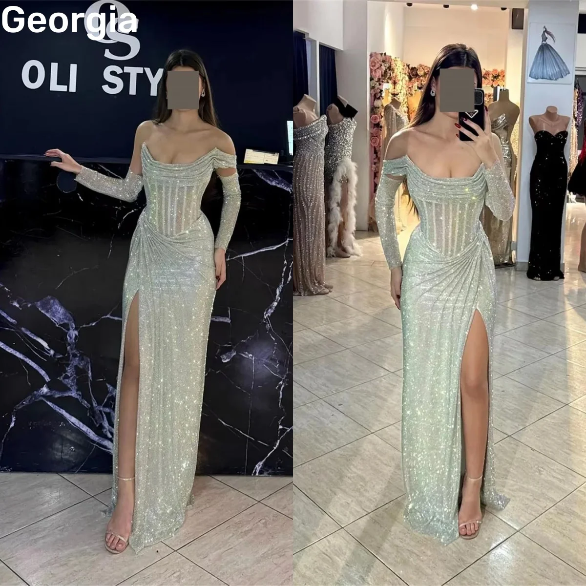 

Customized Dresses For Special Occasions Off-The-Shoulder Neckline Split Party Dress Long Sleeves Women'S Evening Dress Long