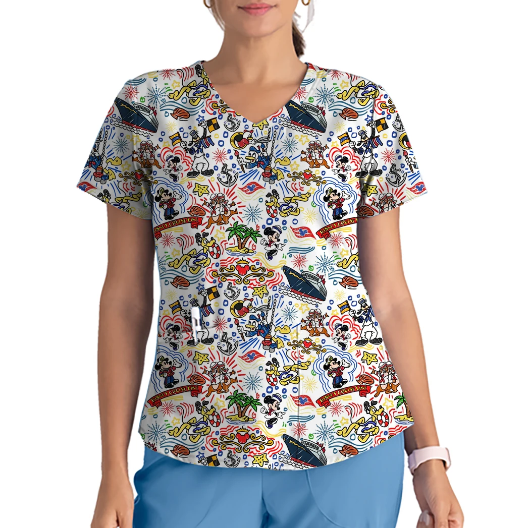 2025 الصيف المرأة ممرضة موحدة تي شيرت ديزني الكرتون الحيوان ميكي ماوس طباعة الخامس الرقبة جيب فرك فضفاض التمريض موحدة