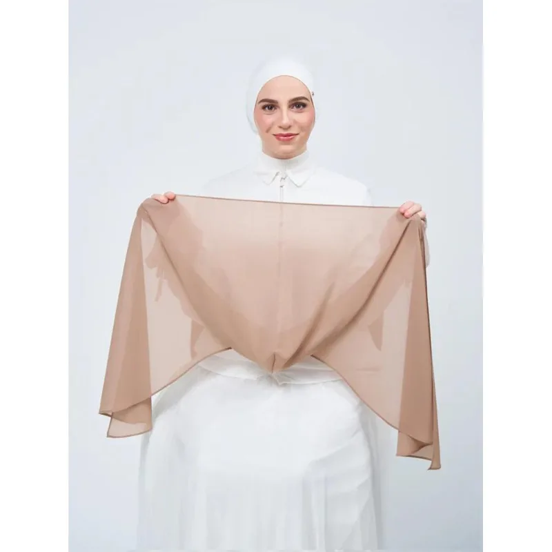 

Pure color pearl chiffon triangle scarf with magnetic button hood easy to wear soft and skin-friendly long scarf