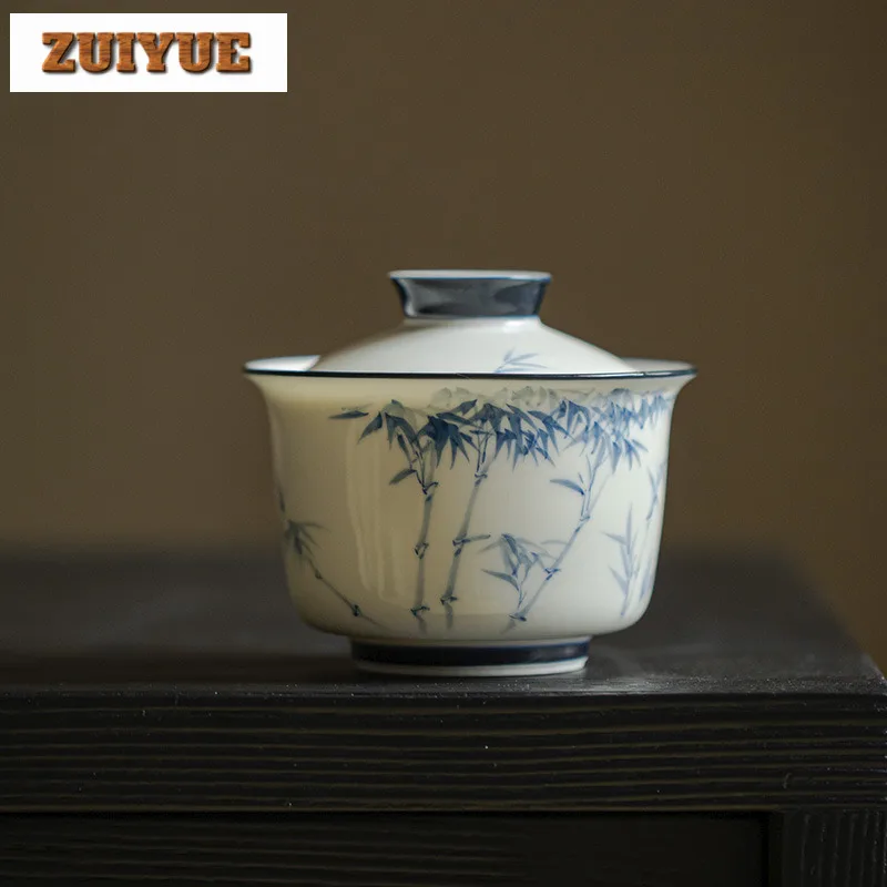 140ml Hand-painted Blue And White Bamboo Gaiwan Retro Tea Tureen Tea Bowl With Lid Kit Tea Maker Cover Bowl Teaware Craft Gift