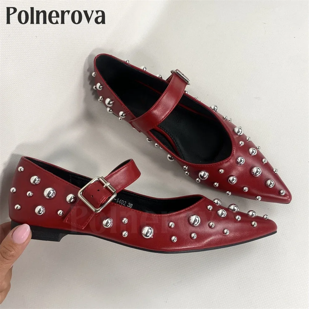 Silver Metal Beaded Pointed Toe Flats Instep Buckle Strap Ballerinas Fashion Style Pointed Toe Flats for Women Custom Color Sale