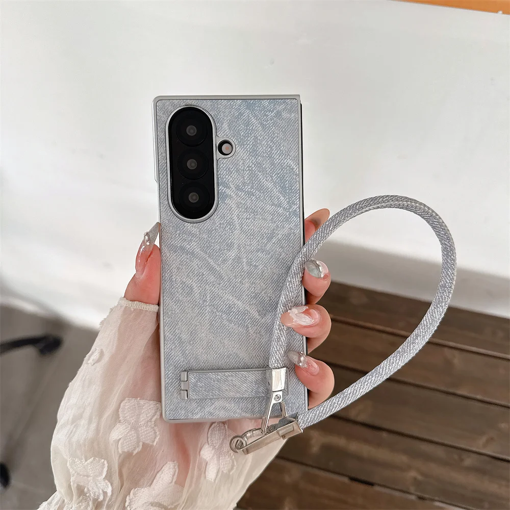 

Korean INS Fashion Leather Denim Fold Stand Phone Case for Samsung Galaxy Z Fold 7 6 Fold 5 4 3 Cover Shockproof Cute Protective