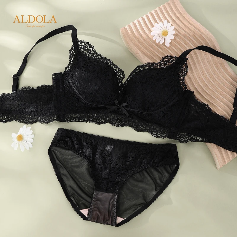 Aldola Zwart Sexy Kanten Bh Set Draadloze Push-Up Ondergoed Vrouwen Ademende Anti-Slappe Lingerie